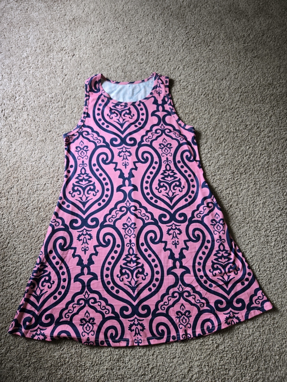 Pink & Navy Blue Damask Sleeveless Swing Tank Dress